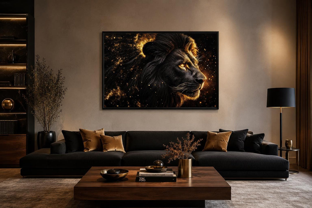 Black gold lion profile canvas wall art with cosmic background in a modern living room setting.