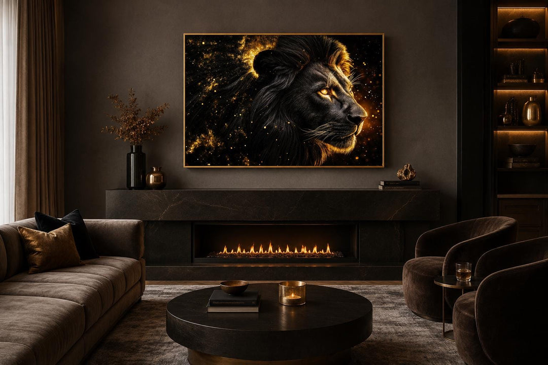 Black gold lion profile canvas wall art with cosmic background hanging above a modern fireplace.