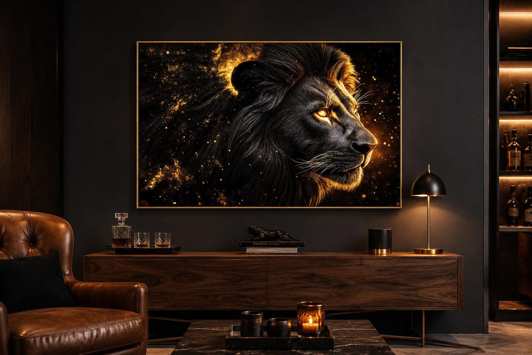 Black gold lion profile canvas wall art with cosmic background in a modern living room setting.