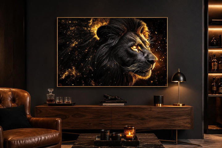 Black gold lion profile canvas wall art with cosmic background in a modern living room setting.