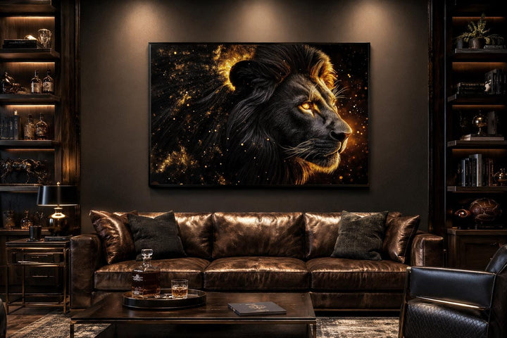 Black and gold lion profile canvas wall art with a cosmic background above a brown leather sofa.