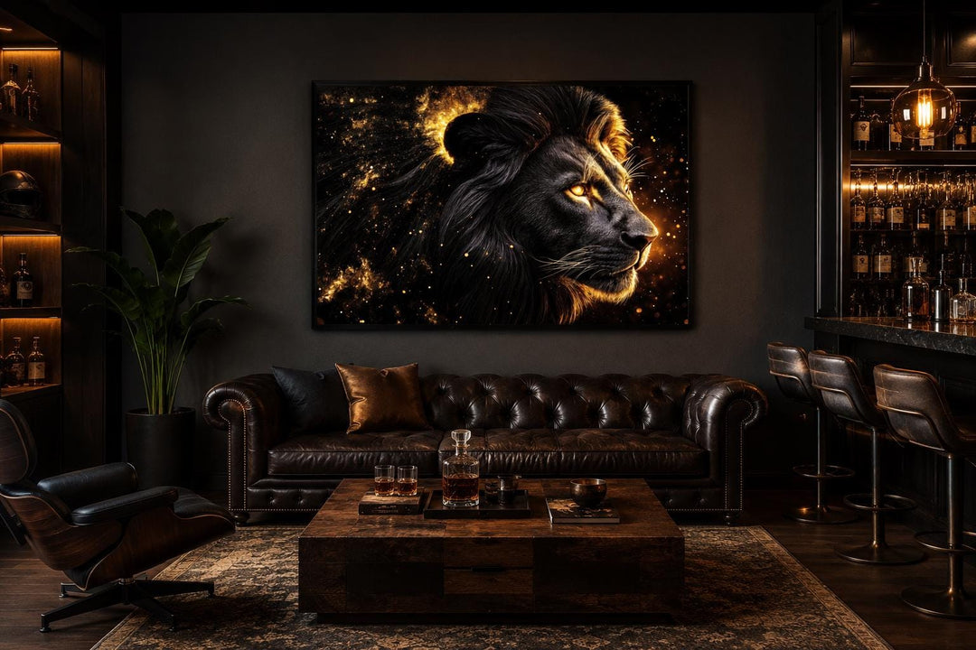 Black and gold lion profile canvas wall art with a cosmic background in a modern living room.