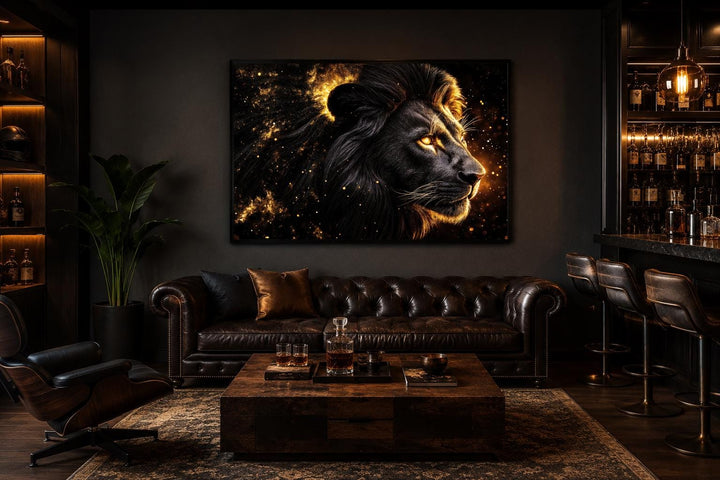 Black and gold lion profile canvas wall art with a cosmic background in a modern living room.