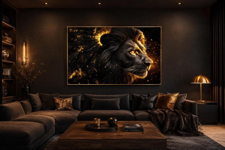 Black and gold lion profile canvas wall art with cosmic background in a modern living room.