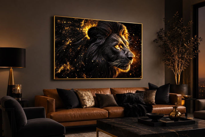 Black and gold lion profile canvas wall art with cosmic background above a brown leather sofa.