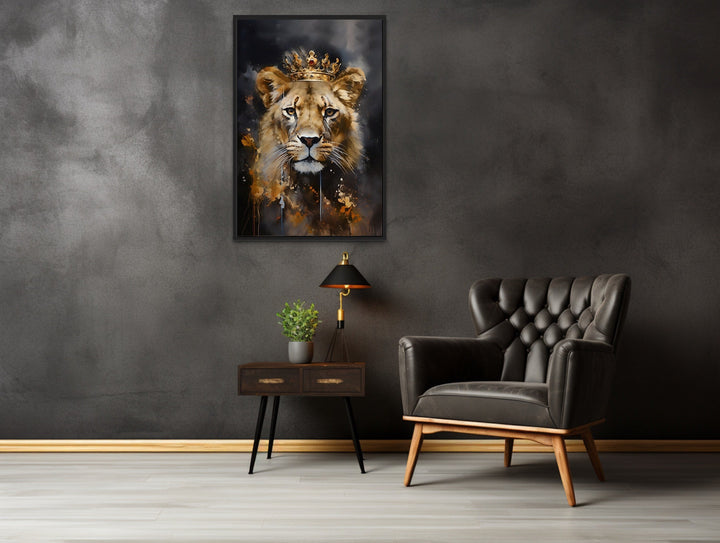 Black Gold Lioness Queen With Crown Framed Canvas Wall Art