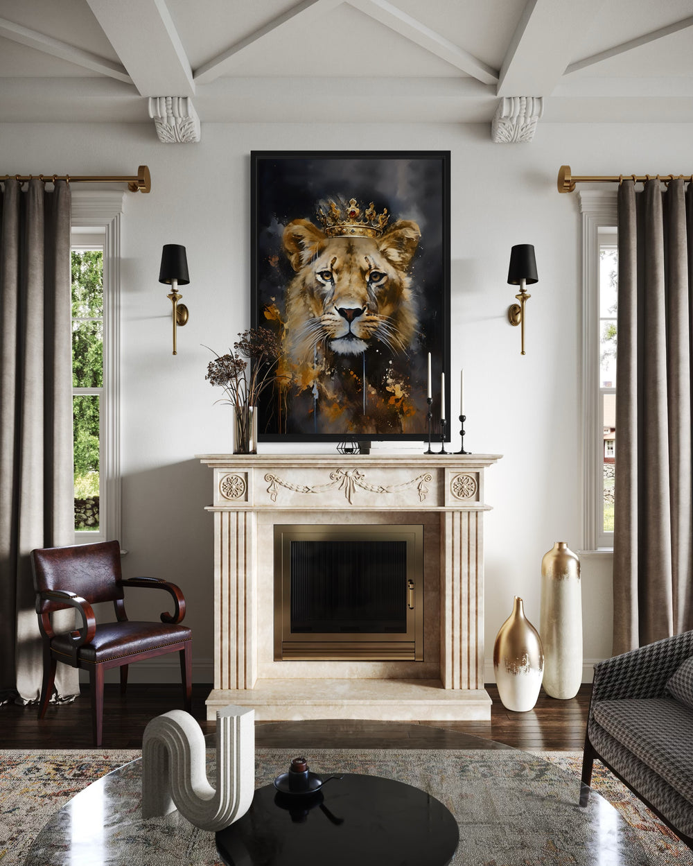 Black Gold Lioness Queen With Crown Framed Canvas Wall Art