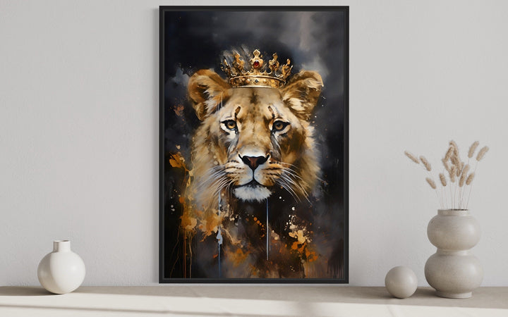 Black Gold Lioness Queen With Crown Framed Canvas Wall Art