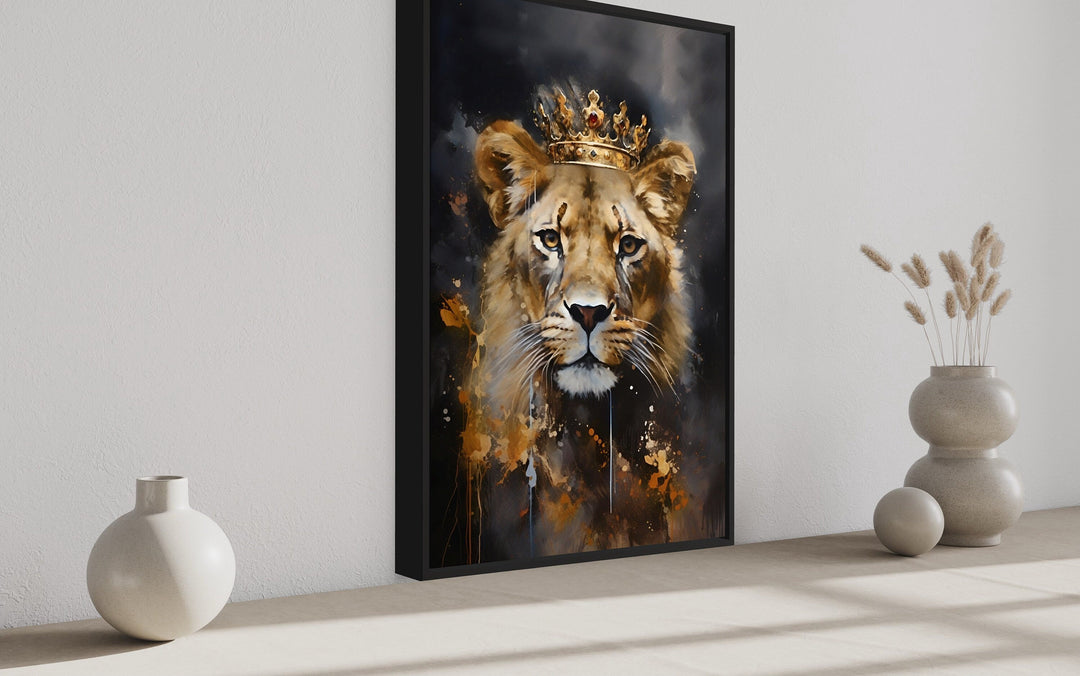 Black Gold Lioness Queen With Crown Framed Canvas Wall Art