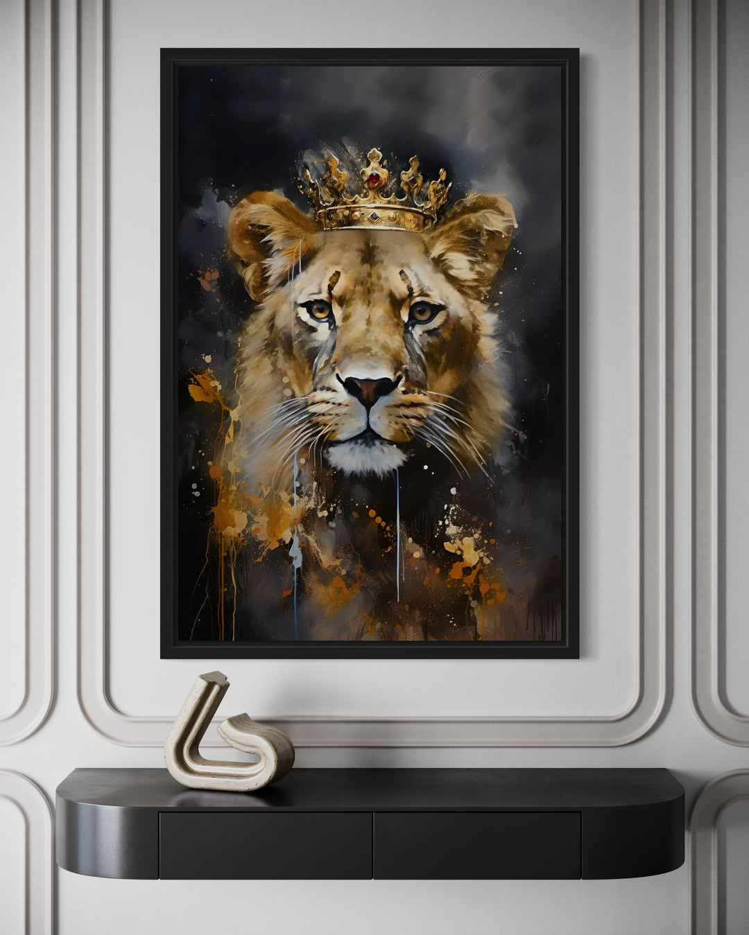 Black Gold Lioness Queen With Crown Framed Canvas Wall Art