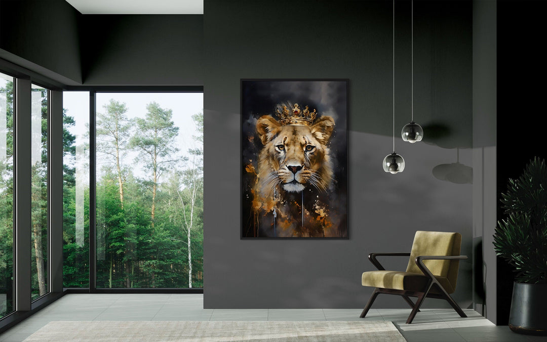 Black Gold Lioness Queen With Crown Framed Canvas Wall Art