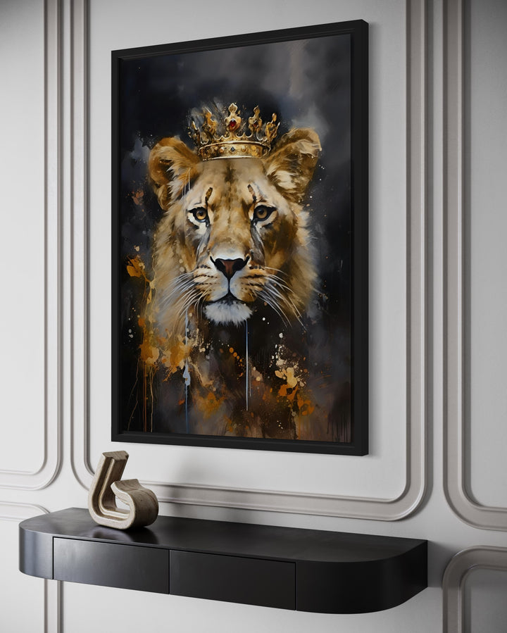 Black Gold Lioness Queen With Crown Framed Canvas Wall Art