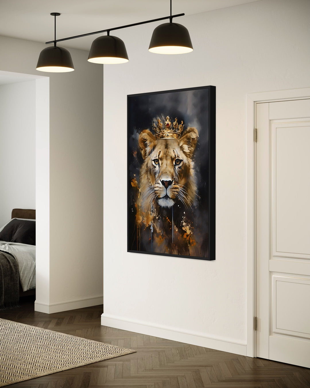 Black Gold Lioness Queen With Crown Framed Canvas Wall Art