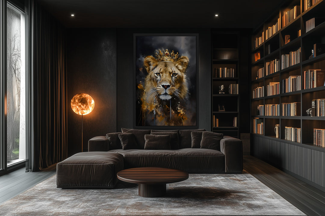 Black Gold Lioness Queen With Crown Framed Canvas Wall Art