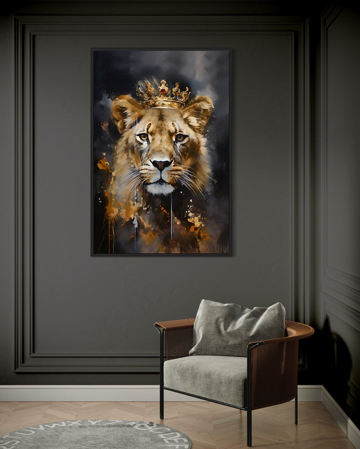 Black Gold Lioness Queen With Crown Framed Canvas Wall Art