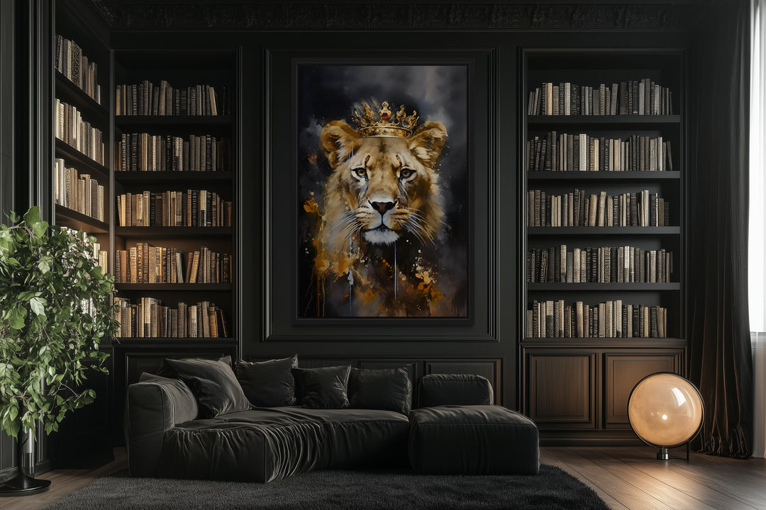 Black Gold Lioness Queen With Crown Framed Canvas Wall Art