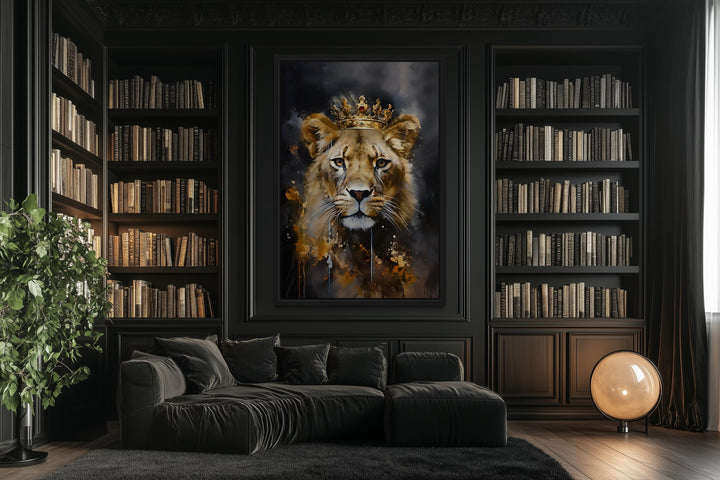 Black Gold Lioness Queen With Crown Framed Canvas Wall Art
