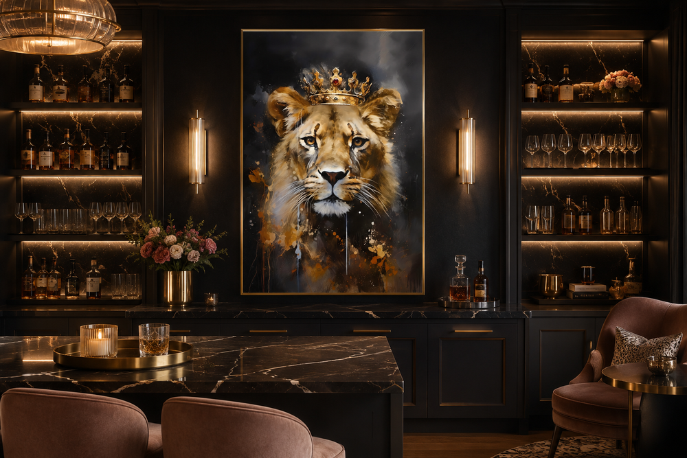 Framed canvas wall art of a lioness wearing a gold crown in a dark, sophisticated bar setting.