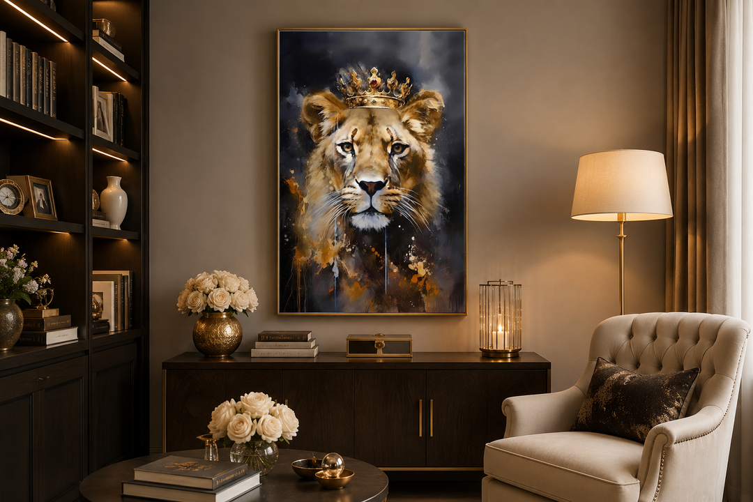 Framed canvas wall art of a lioness wearing a gold crown in a modern office setting.