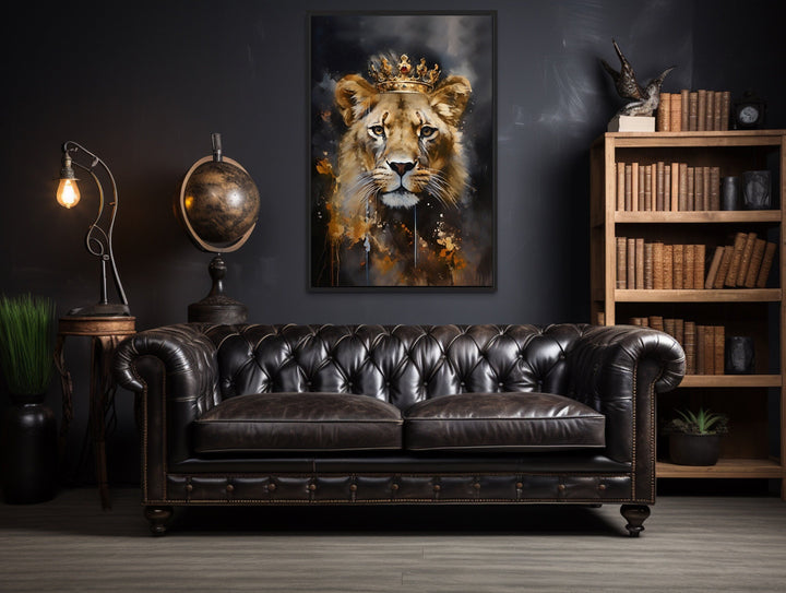 Black Gold Lioness Queen With Crown Framed Canvas Wall Art