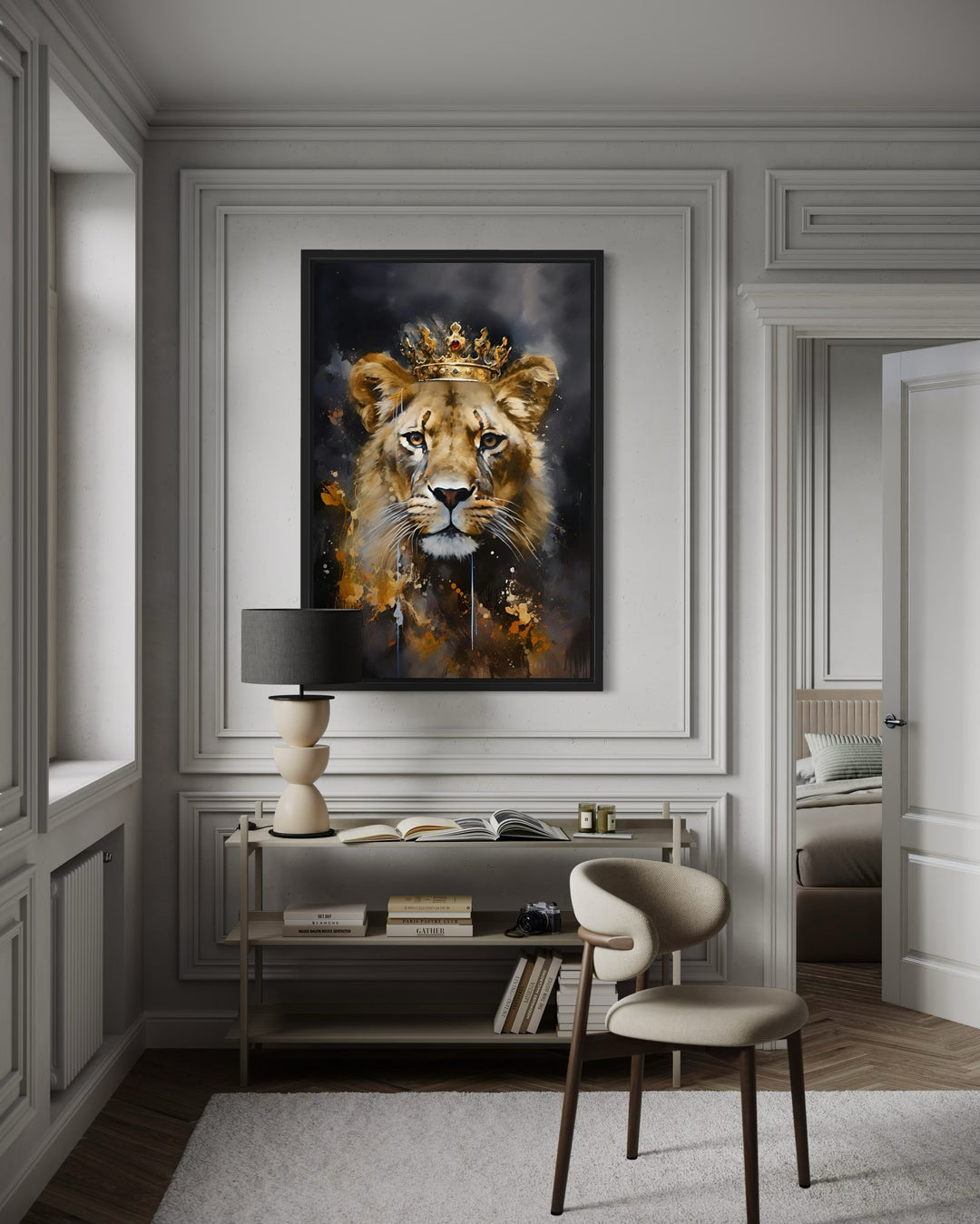 Black Gold Lioness Queen With Crown Framed Canvas Wall Art