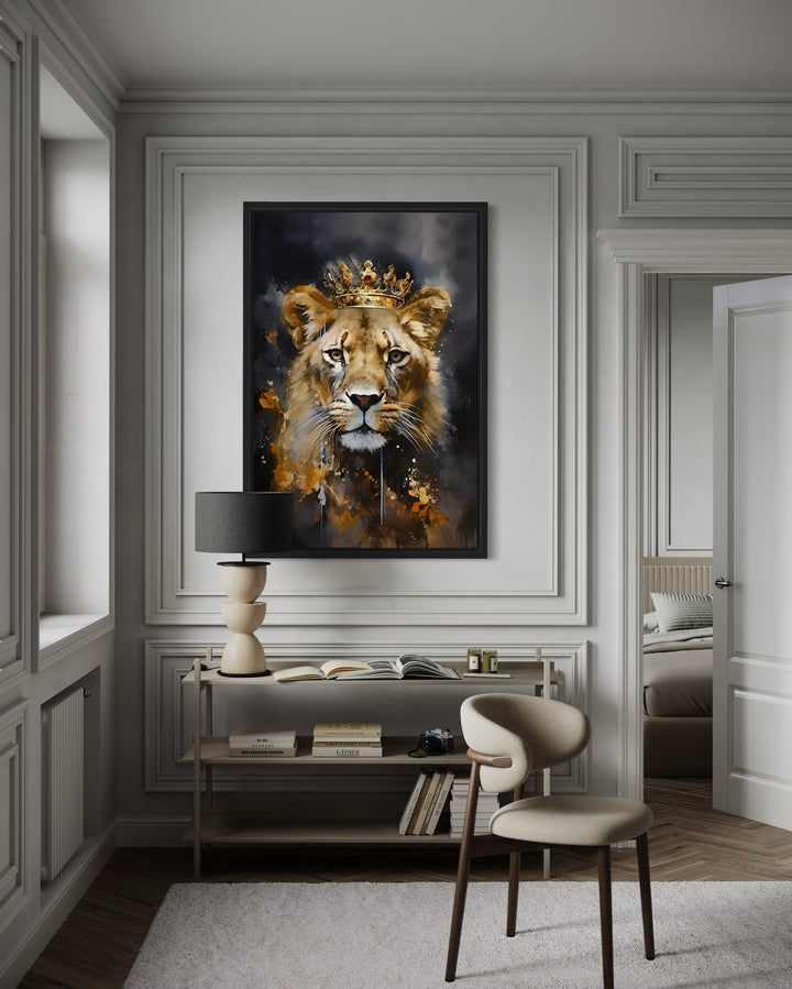 Black Gold Lioness Queen With Crown Framed Canvas Wall Art