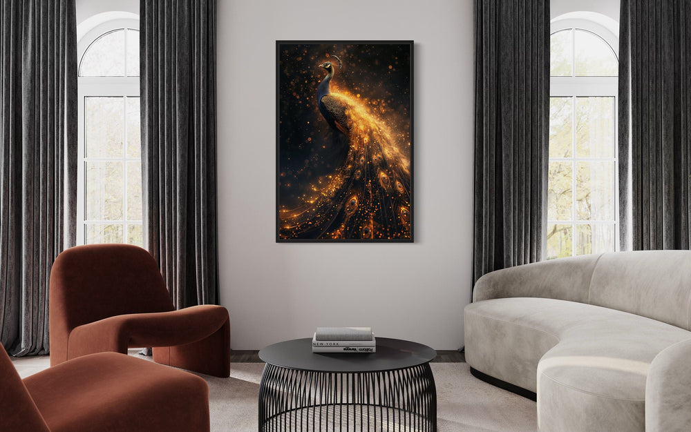 Black Gold Peacock Framed Canvas Wall Art in living room