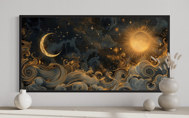 Black Gold Sun And Moon Celestial Framed Canvas Wall Art