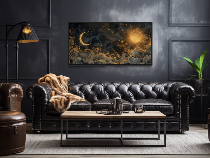 Black Gold Sun And Moon Celestial Framed Canvas Wall Art