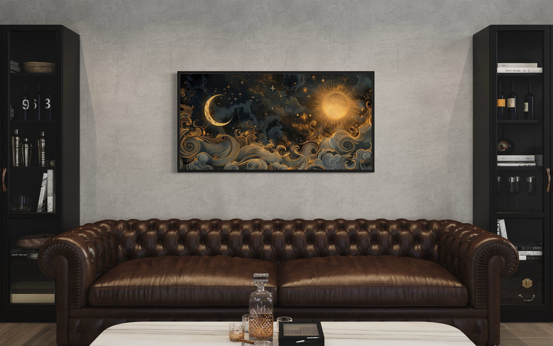 Black Gold Sun And Moon Celestial Framed Canvas Wall Art