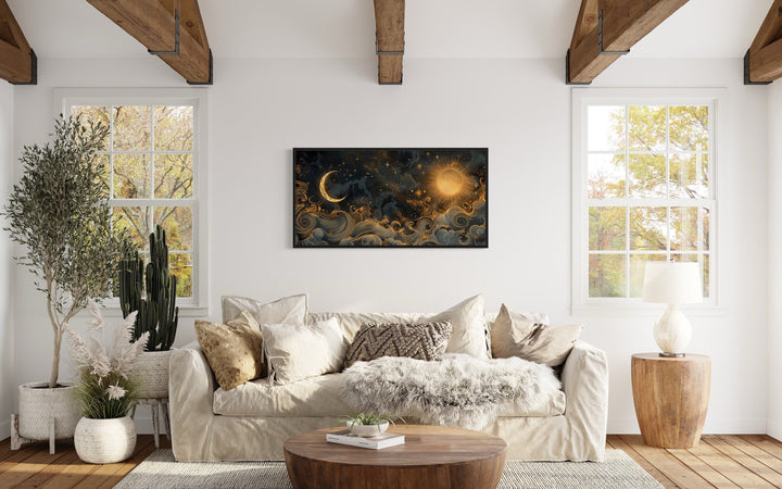 Black Gold Sun And Moon Celestial Framed Canvas Wall Art