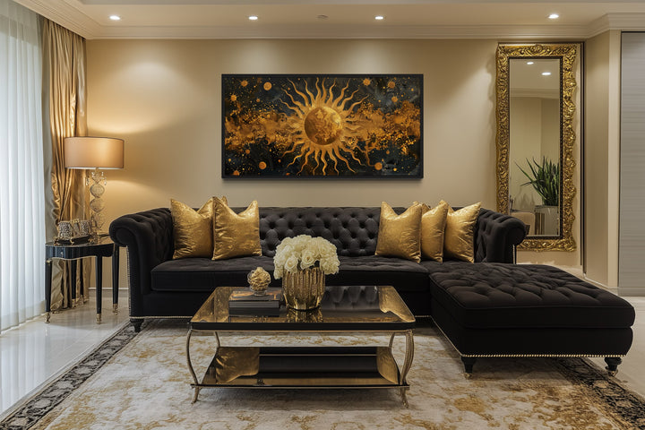 Black Gold Sun Art – Luxury Celestial Wall Art | Framed Canvas Print