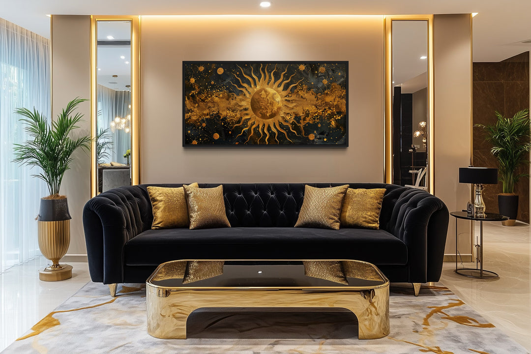 Black Gold Sun Art – Luxury Celestial Wall Art | Framed Canvas Print