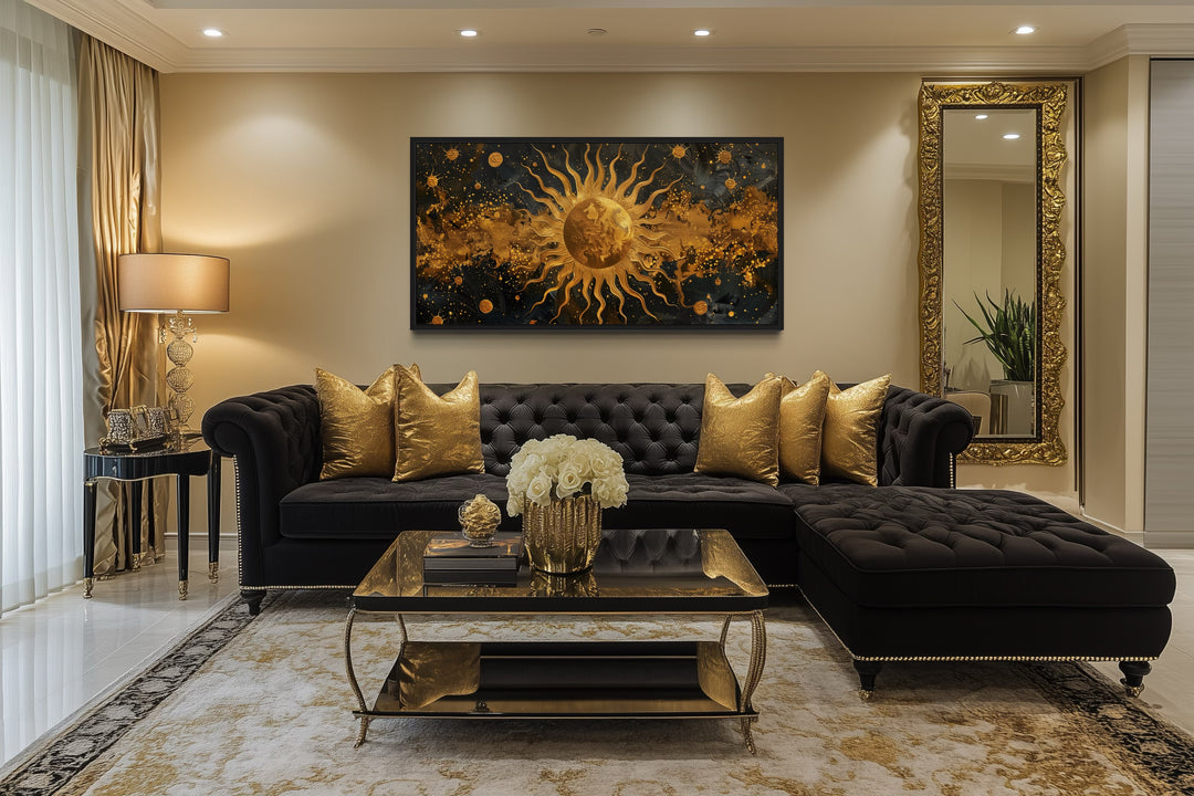 Black Gold Sun Celestial Framed Canvas Wall Art