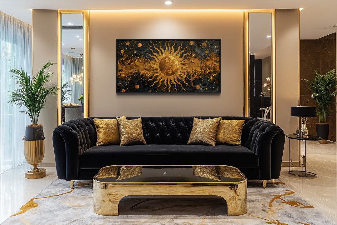 Black Gold Sun Celestial Framed Canvas Wall Art