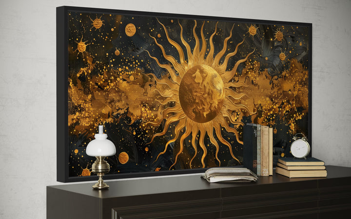 Black Gold Sun Celestial Framed Canvas Wall Art