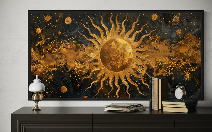 Black Gold Sun Celestial Framed Canvas Wall Art