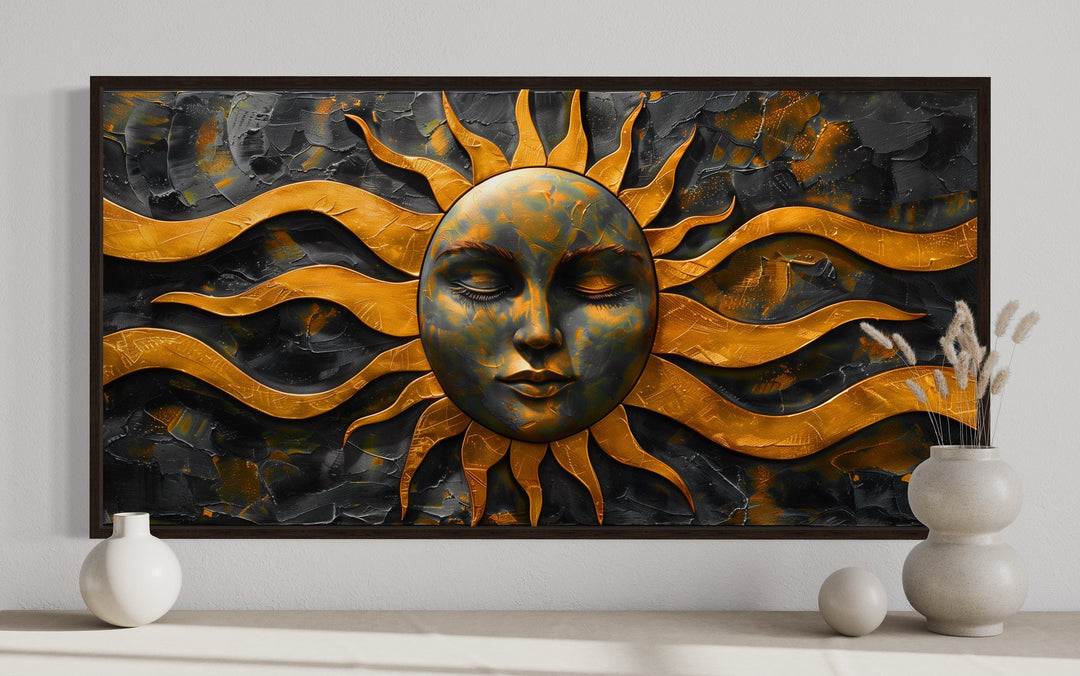 Black Gold Sun Celestial Framed Canvas Wall Art