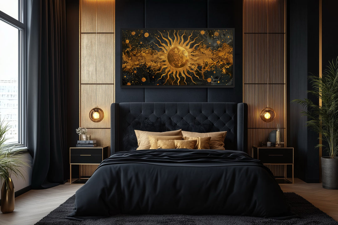 Black Gold Sun Celestial Framed Canvas Wall Art