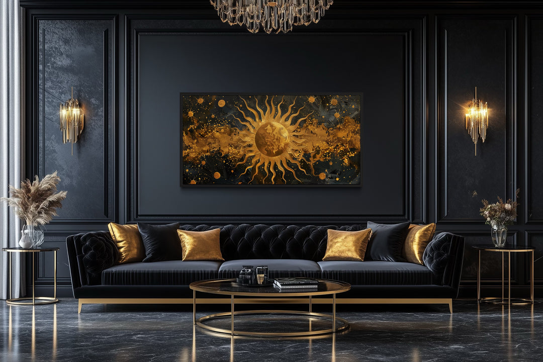 Black Gold Sun Celestial Framed Canvas Wall Art