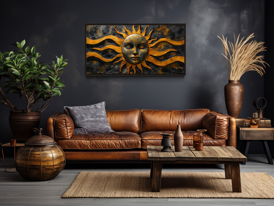 Black Gold Sun Celestial Framed Canvas Wall Art