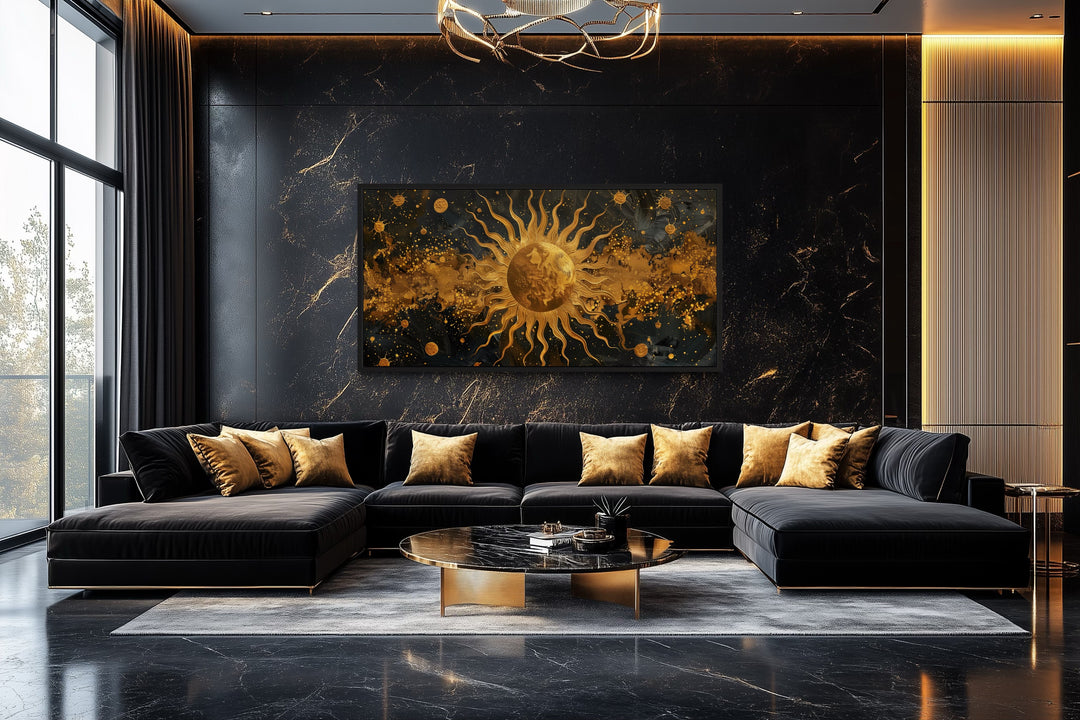 Black Gold Sun Celestial Framed Canvas Wall Art