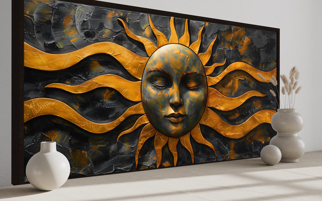 Black Gold Sun Celestial Framed Canvas Wall Art