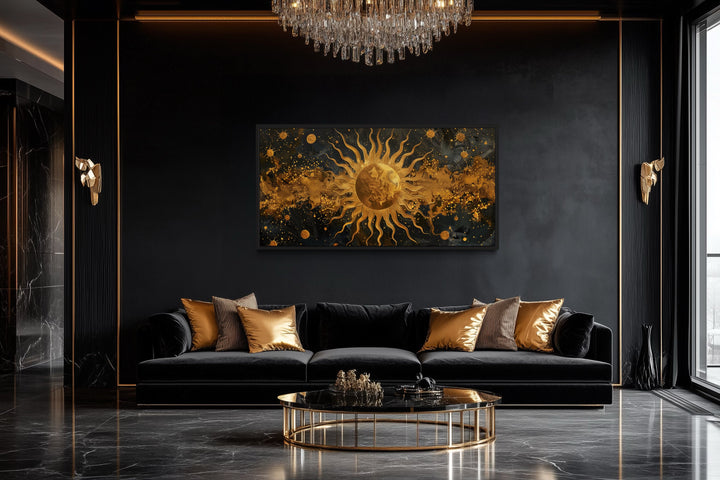 Black Gold Sun Celestial Framed Canvas Wall Art