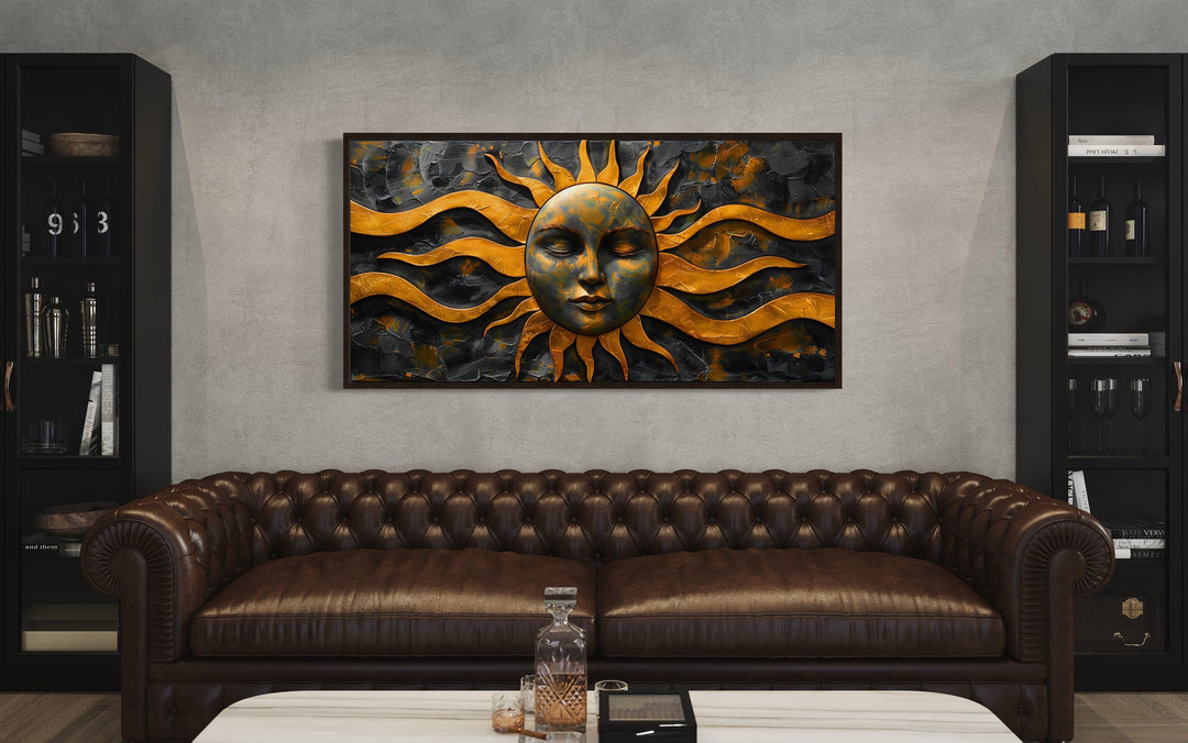 Black Gold Sun Celestial Framed Canvas Wall Art