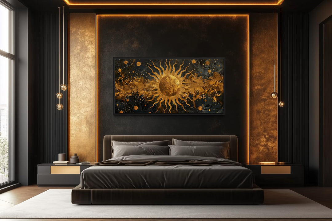 Black Gold Sun Celestial Framed Canvas Wall Art