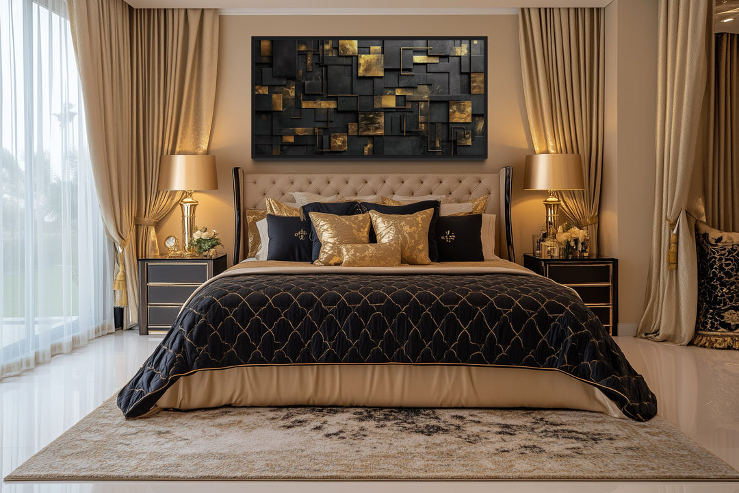 Black Gold Wall Art - Abstract Canvas Art | Geometric Framed Print for Modern Interiors
