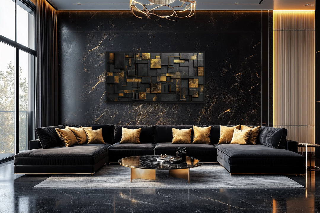 Black Gold Wall Art - Abstract Canvas Art | Geometric Framed Print for Modern Interiors