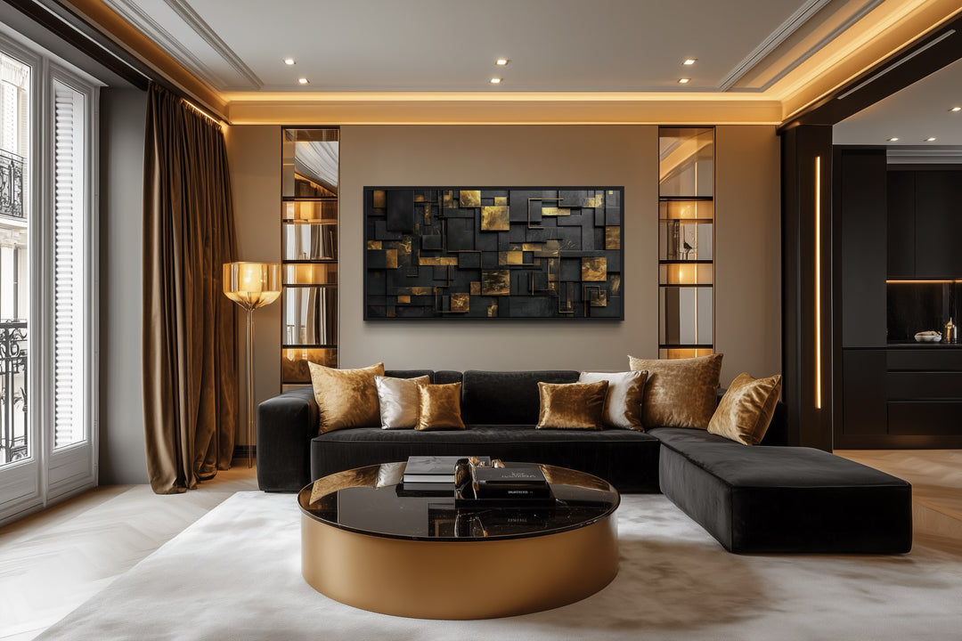 Black Gold Wall Art - Abstract Canvas Art | Geometric Framed Print for Modern Interiors