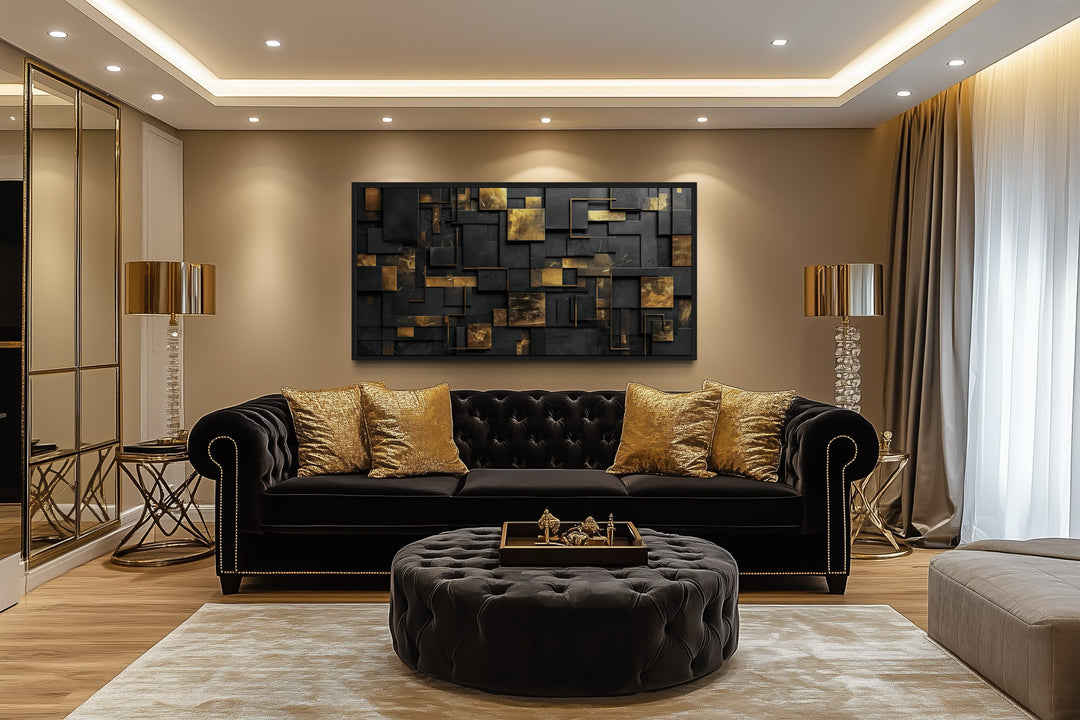Black Gold Wall Art - Abstract Canvas Art | Geometric Framed Print for Modern Interiors